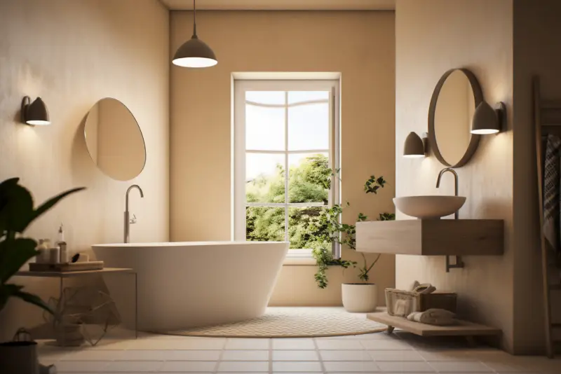 Bathroom interior with beige walls, tiled floor, white bathtub and round mirror. 3d rendering