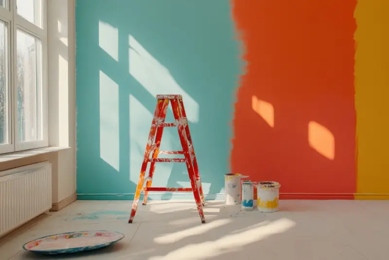 A ladder stands in the corner of a vibrant room where walls are being painted in blue and orange hues.