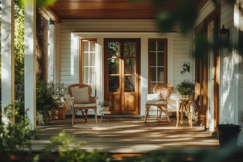 Two wicker chairs are placed on a porch, surrounded by greenery and warm sunlight, inviting relaxation.