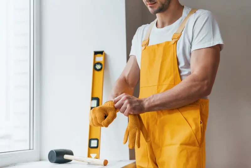 Handyman in yellow uniform preparing for work indoors. House renovation conception